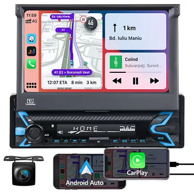 7'' Single Din Car Stereo Flip Out Head Unit Android Apple CarPlay Touch Radio • £81.69