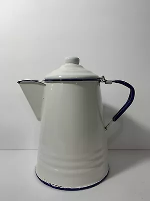 Vintage Enamelware Coffee Pot Attached Lid White Navy Blue Trim Farmhouse Decor • $19.95