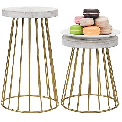 MyGift Set Of 2 Vintage Brass Metal And Whitewashed Wood Pedestal Display Risers • £43.78