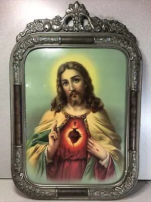 Sacred Heart Of Jesus Picture In Vintage/Antique Frame Approx 15” X 22” • $119.99