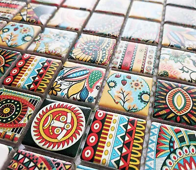 New Tribal Ethnic Multi Colour Ceramic Square Mosaic Wall Tiles Moroccan Turkish • £9.98