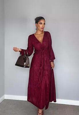 $49 • Buy Zara Nwt Woman V Neck Long Jacquard Dress Burgundy | 4886/465 All Sizes