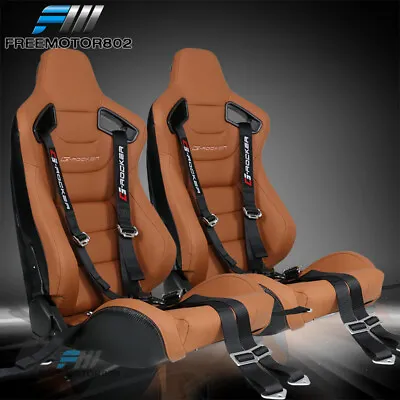 Adjust Universal Racing Seats Brown PU & Carbon & Dual Sliders & Seat Belts X2 • $429.99