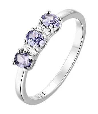 925 Sterling Silver Tanzanite Cz 3 Stone Trilogy Promise Ring Size J To S • £14.95