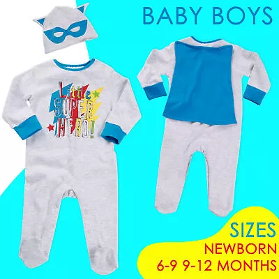 Baby Boys Superhero Slogan Sleepsuit Hat Set Babygrow Playsuit 6-9 9-12 Newborn • £6.99