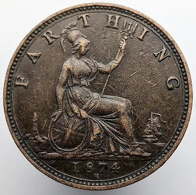 United Kingdom Farthing 1874 H Bronze Coin - Britannia - Queen Victoria • £17