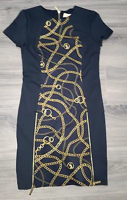 Michael Kors Size 4 Sheath Zips Dress Short Sleeve MK Logo Chains Pencil • $15