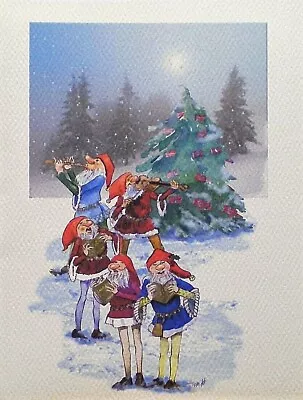 Art Greeting Card Scandinavian Gnome Tomte Music Singing Christmas Tree Snow • $3.50