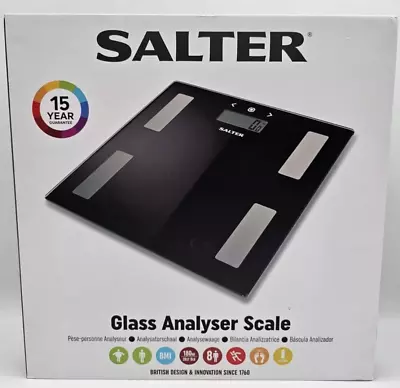 Salter Bathroom Fitness Scale Body Analyser Weight BMI Fat/Water Glass Black NEW • £17.95