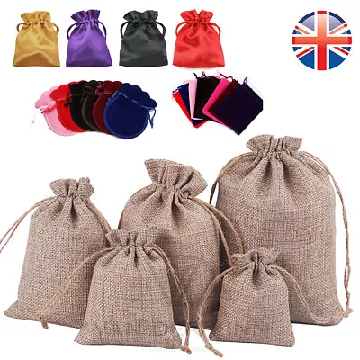 VDL Burlap Jute Gift Bags Velvet Silky Satin Jewellery Pouches Wedding Favour • £2.98