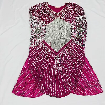 Vintage Women Beaded Sequin Pink & Silver Dress Queen Size • $68.79