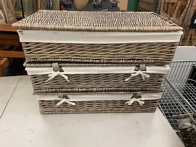 Grey Wash Wicker Storage Trunk Chest Woven Large Basket With Lid Lined Rustic • £15