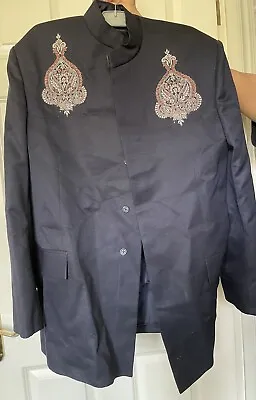 Men’s Indian Navy Nehru Jacket Trouser Suit Set Embroidered Design M-L • £38