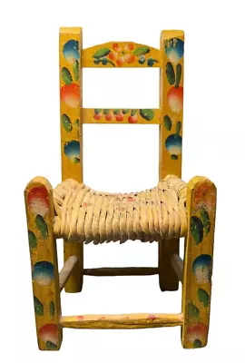 Charming Vtg Folk Art Decor Hand Painted Wood Doll Chair Rush Seat Mexico Boho • $24.97