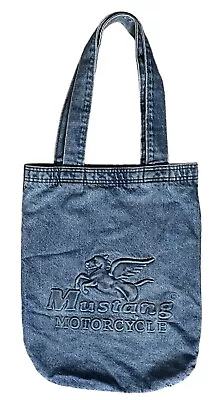 Vintage Mustang Motocycle Blue Denim Jean Embossed Tote Bag Made In USA 17.5x13 • $38.99