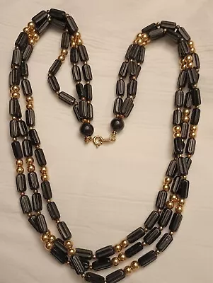 FINE FASHION JEWELRY NECKLACE Gold Tone Chain Black Beads Signed Vintage  • $4.99