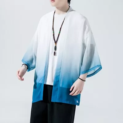 Mens Mesh Kimono Jacket Coat Cardigan Top Gradient Color Yukata Summer Casual • £26.99