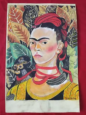 Frida Kahlo Drawing On Paper (Handmade) Signed And Stamped Mixed Media. • $100