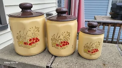 Set 3 Vtg Kromex Canisters Yellow Harvest Gold Red Poppies Aluminum 1970's  • $12.99