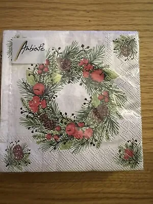 £4.99 • Buy Ambiente Wreath On Linen Cocktail Napkins Pack 20 - 25cm X 25cm Christmas