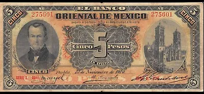 Mexico 5 Pesos 1910 P- S381 M460c Serie S Oriental Banknote Cir • $39.95