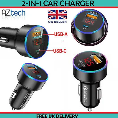 Universal Fast Car Charger 2 Port USB + TYPE C Socket PD Adapter For All Phones • £5.95