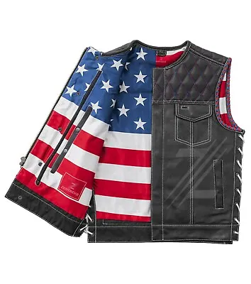 Men's Cowhide Leather Biker Ride Vest Diamond Quilted Motorcycle Flag Print Vest • $171