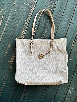 Michael Kors Designer MK Monogram Cream Leather Tote Purse Handbag • $20