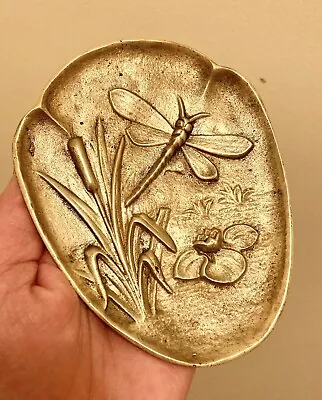 ART NOUVEAU DRAGONFLY RUSHES CATTAIL LILY POND SCENE Coin Tray Brass Bronze 5x4” • $95