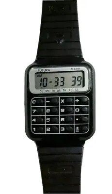 Vintage Futura Calculator Watch Alarm Black Resin Band Silver Accent Men Women • $49.99
