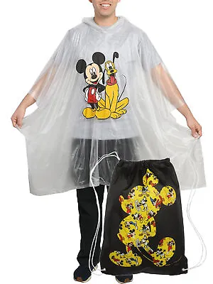 Disney Mickey Mouse Black 18  Drawstring Bag W/ Mickey Pluto Rain Poncho Set • $18.99