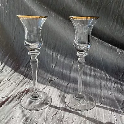 2 Mikasa JAMESTOWN Crystal Candlesticks Tapered Candle Holders Gold Rim 7 3/4 • $22