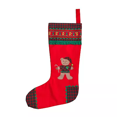 Teddy Bear Christmas Stocking Red Green Plaid Handmade Large Vintage 20  X 8  • $16.95