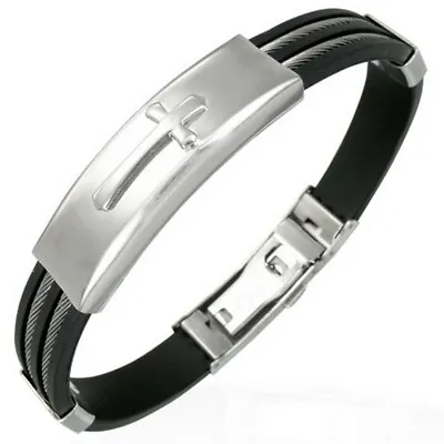 Stainless Steel Black Rubber Religious Cross Twisted Cable Mens Bracelet • $17.99