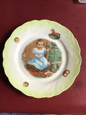 Antique Sweet Transferware Plate Baby Girl W Toys-doll Train Horn Embossed Rim • $9.99