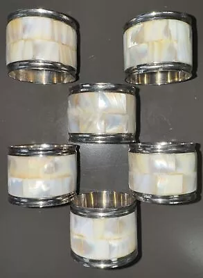 Vintage Set Of 6 Mother Of Pearl Silver Tone Napkin Rings  (Y) • $29.96