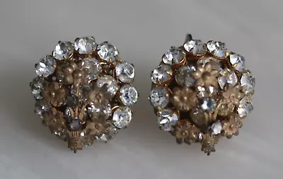 Vintage Miriam Haskell Petite Flower Basket Gold Tone Rhinestone Earrings • $74.99