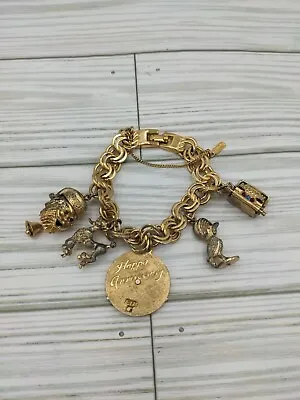 Monet Vintage Gold Tone Charm Bracelet W/Santa Bird Poodle Charms • $35.50