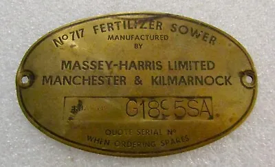 MASSEY-HARRIS LIMITED - No. 717 Fertilizer Sower - Brass Metal Sign / Plaque • $60.98