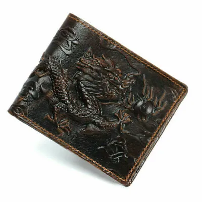 Dragon Brown Bifold Wallet Cow Genuine Leather Men's Wallet Cowhide Travel Purse • $12.73