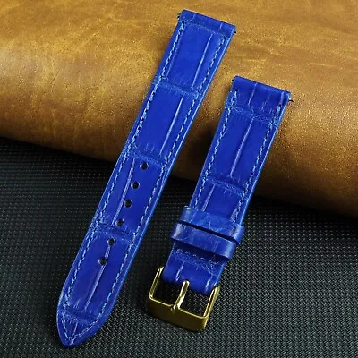 $19.94 • Buy Blue Watch Strap Genuine Crocodile Alligator Watch Band Gold Buckle Thin Men