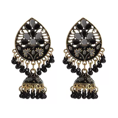 Bohemia Vintage Gypsy Jhumka Indian Earrings Black Beads Tassel Stud Earring • $4.26