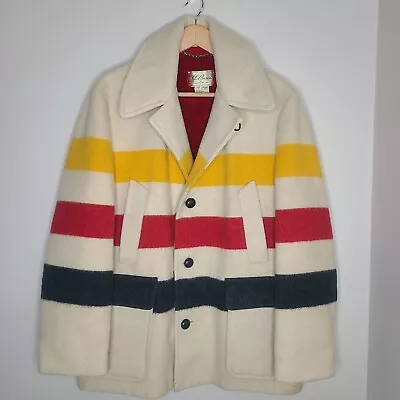 Rare Vintage LL Bean Hudson Bay Blanket Striped Wool Pea Coat Jacket 42  60s 70s • $350