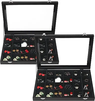 RealPlus 2 Pack Jewelry Tray Organizer With Clear Lid 24 Grid Black Velvet • $33.99