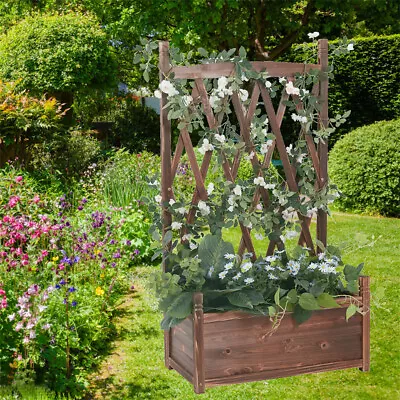 Durable Wooden Garden Planter Flower Raised Bed With Trellis Grid Plant Support • £39.92