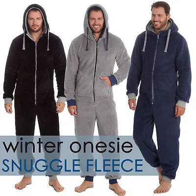 Mens 1Onesie0 Fleece Adult One Piece Plain Hooded Warm Thick All In One S-XL UK • £26.99