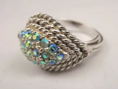 Vintage Blue Aurora Borealis Rhinestone Paisley Shaped Adjustable Ring Silver Tn • $11.99