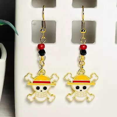 CROSSBONES * One Piece Anime Handmade Beaded Hook Dangle Enamel Charm Earrings • $10.95