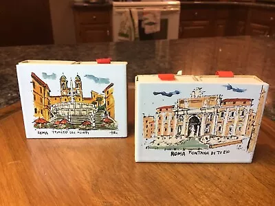 Vintage Matchbook Holder Ceramic Tile Tops MINI OIL PAINTINGS ROME ITALY Signed • $39.90