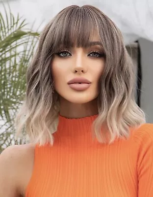 Natural Wig For Women Blonde Fringe Wavy Bob Wig Blonde Ombre Synthetic Wig • £23.98